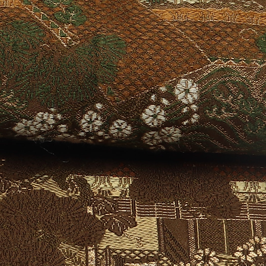 アンティーク 半幅帯 帯丈340cm Bランク カジュアル 全通 小袋帯 正絹 織り 御所解 菊 茶系 1225-000551