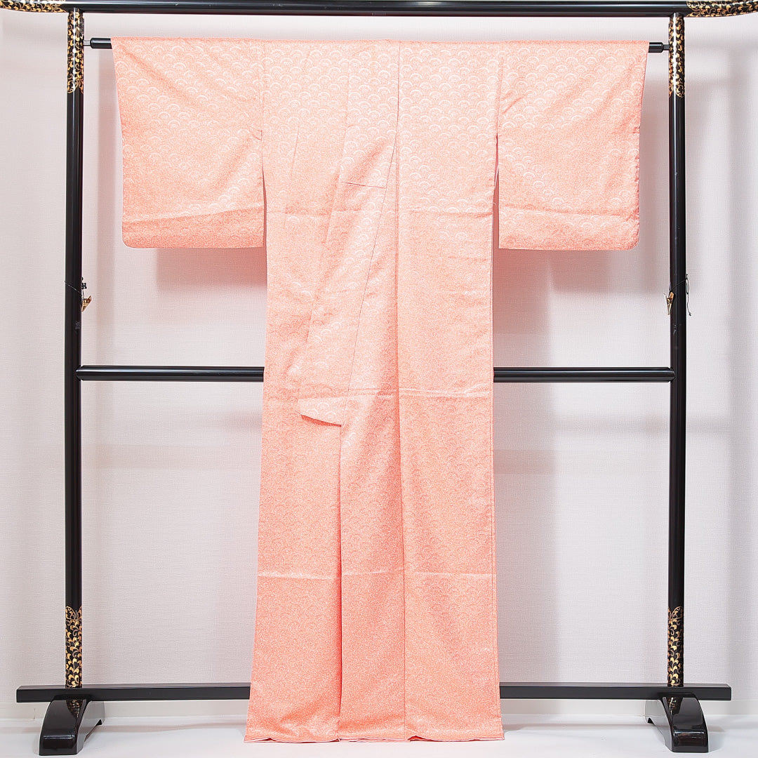 小紋 洗える着物 袷 身丈166cm 裄丈65cm ポリエステル Sランク XLサイズ 広衿 インフォーマル 青海波 ピンク系 白系 1215-14979