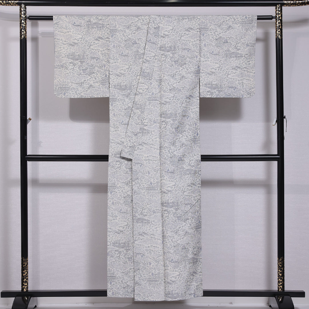 紬 袷 身丈153cm 裄丈60cm 正絹 Sランク カジュアル バチ衿 Sサイズ 御所解 グレー系 RP 1223-11830