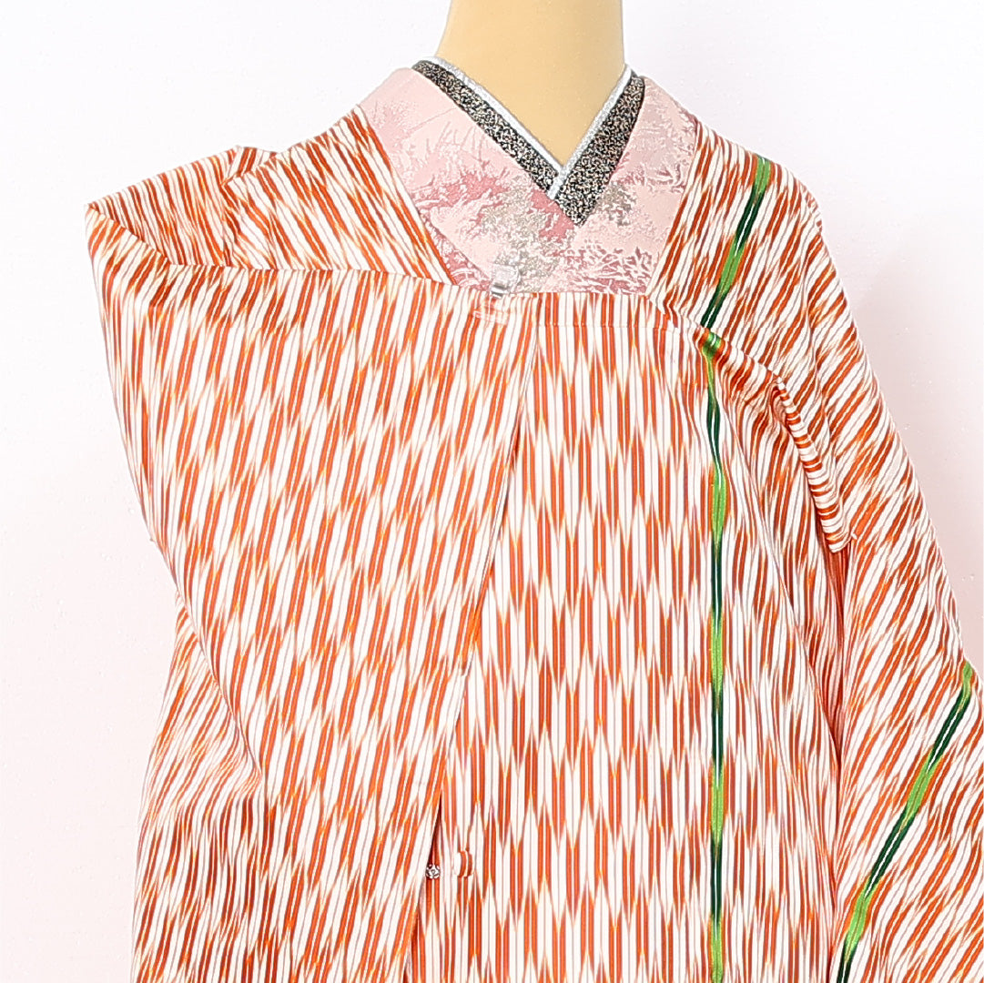 道行コート 袷 身丈129cm 裄丈63cm 正絹 Sランク セミフォーマル Sサイズ 矢絣 朱系 RP 1237-12570