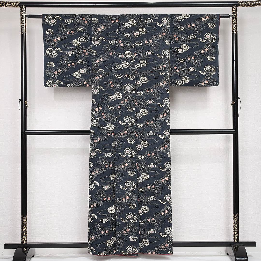 小紋 袷 身丈158cm 裄丈64cm 正絹 Aランク インフォーマル 広衿 Mサイズ 桜川 紺系 RP 1221-13162