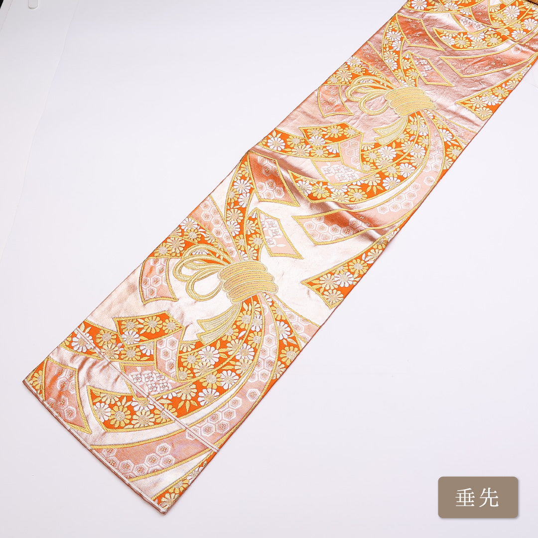 袋帯 帯丈440cm 六通 熨斗 組紐 吉祥文様 フォーマル 朱系 正絹 Aランク 1223-00854