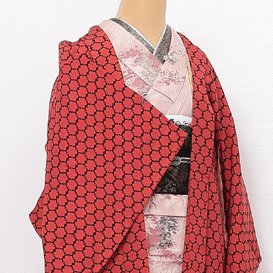 羽織 袷 身丈80cm 裄丈65cm 正絹 Sランク カジュアル Mサイズ 花柄 赤系 RP 1232-13865