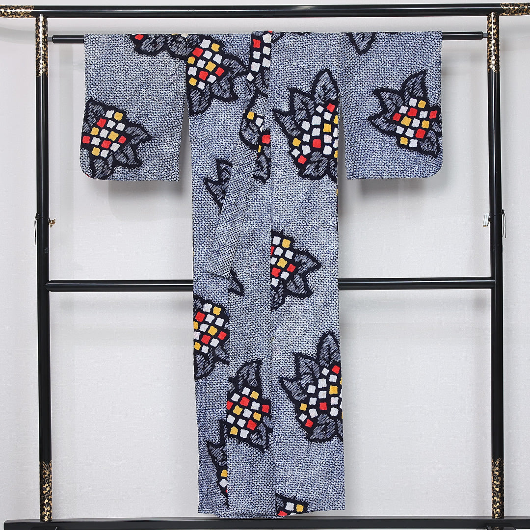 夏物 洗える着物 木綿の有松鳴海絞 (有松鳴海絞) 夏物 身丈151cm 裄丈62cm 木綿 Cランク カジュアル バチ衿 Sサイズ 紫陽花 紺系 RP 1225-12113
