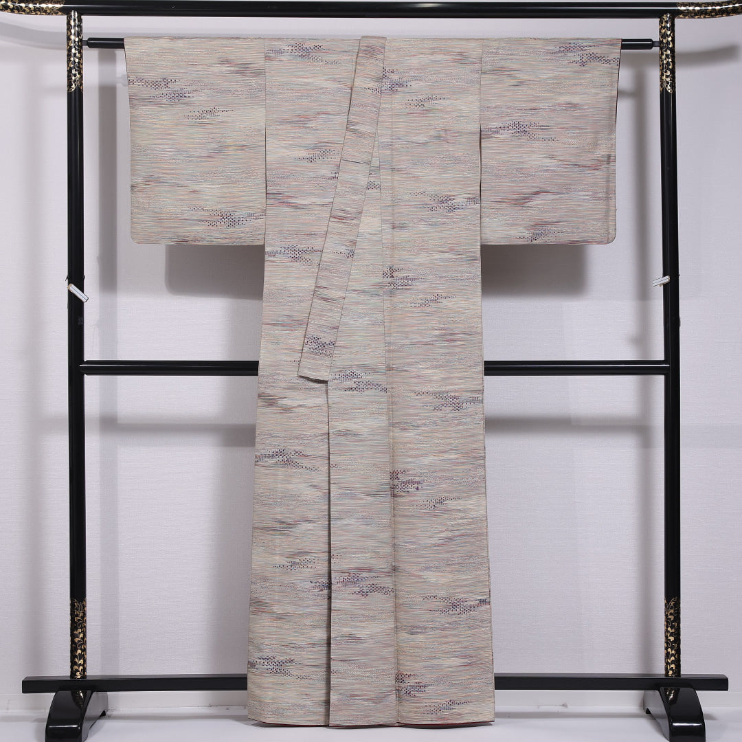 紬 袷 身丈160cm 裄丈64cm 正絹 Sランク カジュアル 広衿 Lサイズ 創作柄 クリーム系 RP 1223-11729