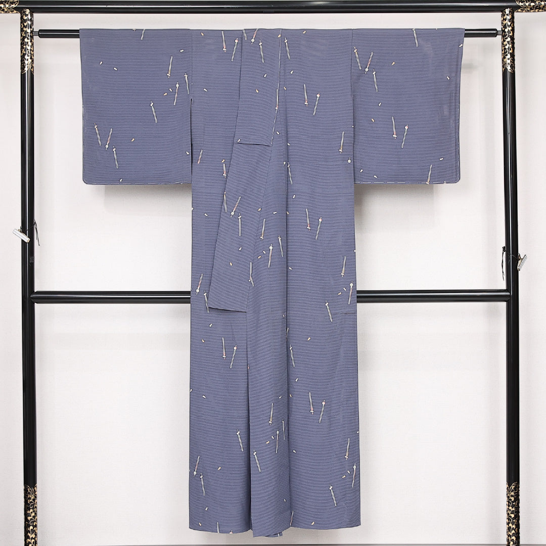 夏物 小紋 絽 身丈145cm 裄丈62cm 正絹 Sランク インフォーマル 広衿 XSサイズ かんざし 紫系 RP 1221-13113