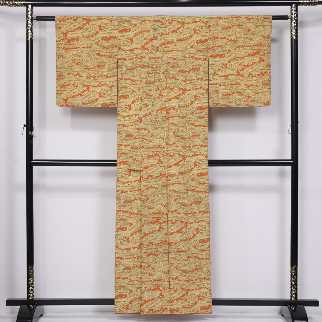 小紋 袷 身丈157cm 裄丈64cm 正絹 Aランク インフォーマル バチ衿 Mサイズ 御所解 黄系 RP 1221-11406