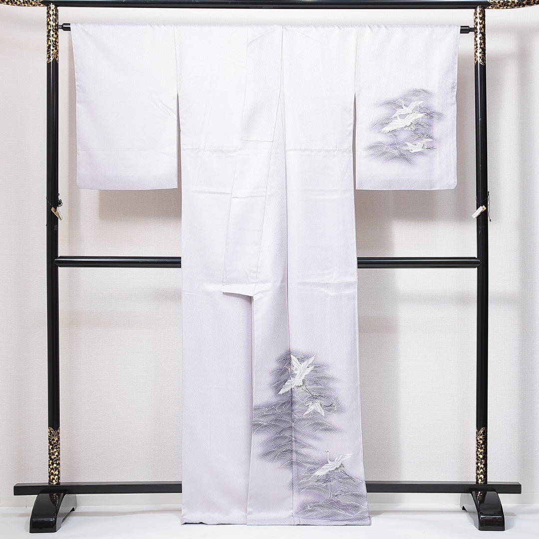 洗える着物 訪問着 袷 身丈168cm 裄丈64cm ポリエステル Sランク セミフォーマル 広衿 XLサイズ 鶴 松 グレー系 RP 1217-14978