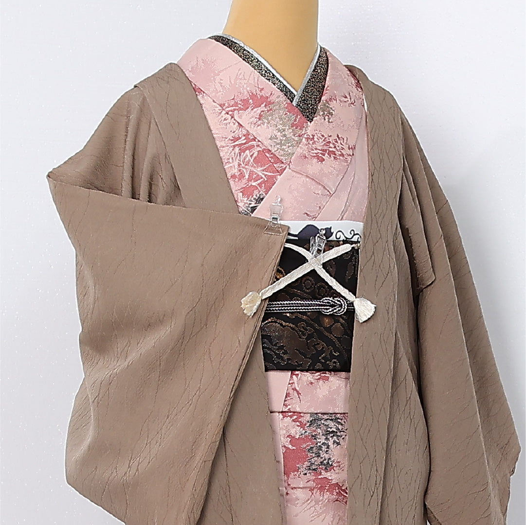 羽織 袷 身丈73cm 裄丈63cm 正絹 Sランク 一つ紋 (抱き茗荷) セミフォーマル Sサイズ 翠峰 織り出し 紐あり 証紙 創作柄 茶系 RP 1232-12600