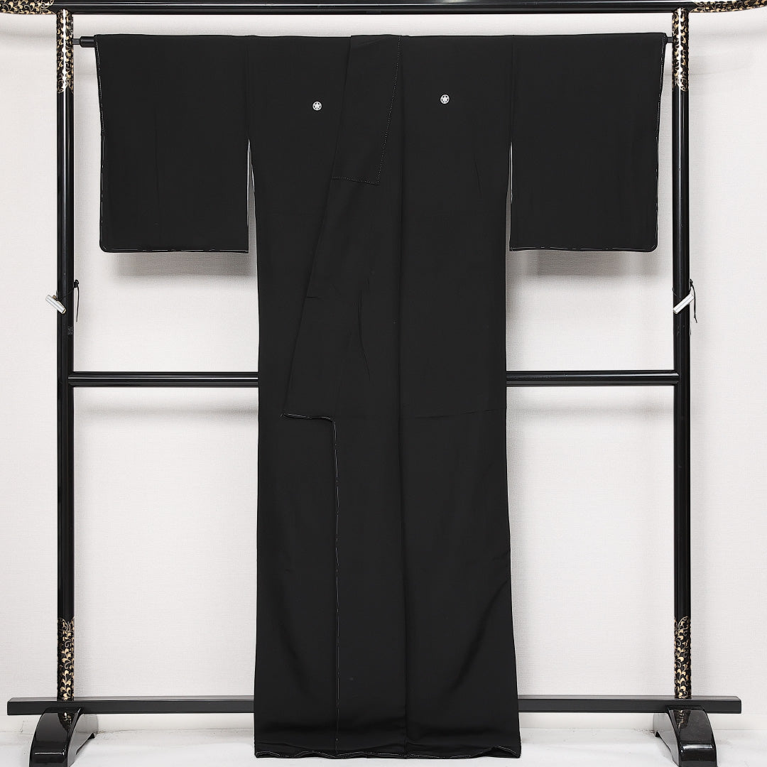黒紋付 五つ紋 丸に立ち沢瀉 身丈164cm 裄丈67cm Sランク ポリエステル 洗える着物 袷 広衿 L フォーマル 黒系 1299-F0597