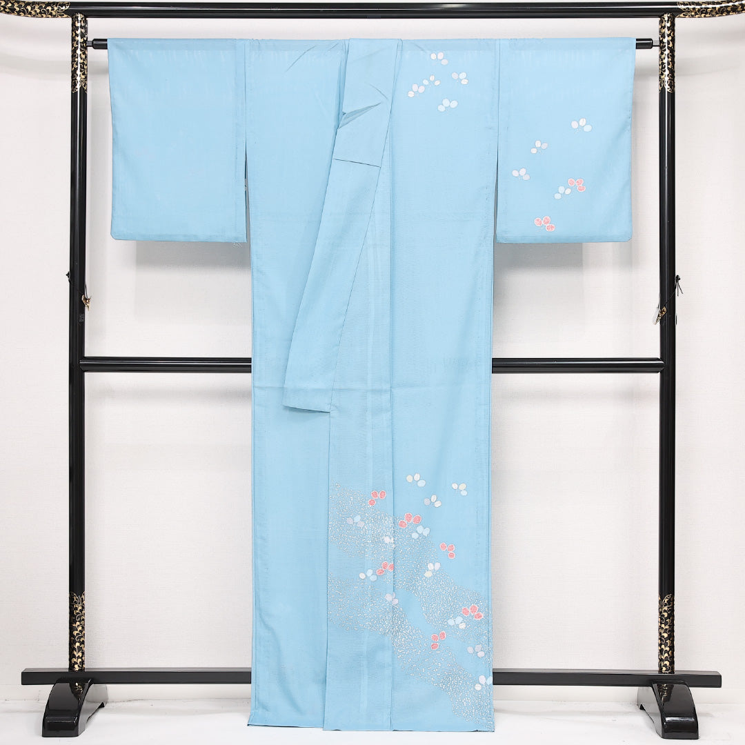 夏物 訪問着 絽 身丈166cm 裄丈64cm ポリエステル 洗える着物 Aランク セミフォーマル 広衿 XLサイズ 植物柄 抽象的 爽やか 水色系 RP 1217-13386