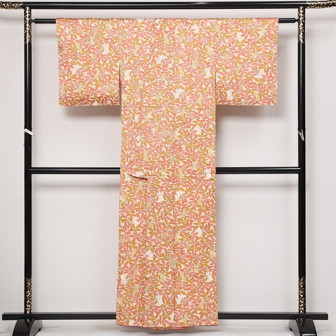小紋 袷 身丈151cm 裄丈60cm 正絹 Sランク インフォーマル 広衿 Sサイズ 植物柄 朱系 RP 1221-13547