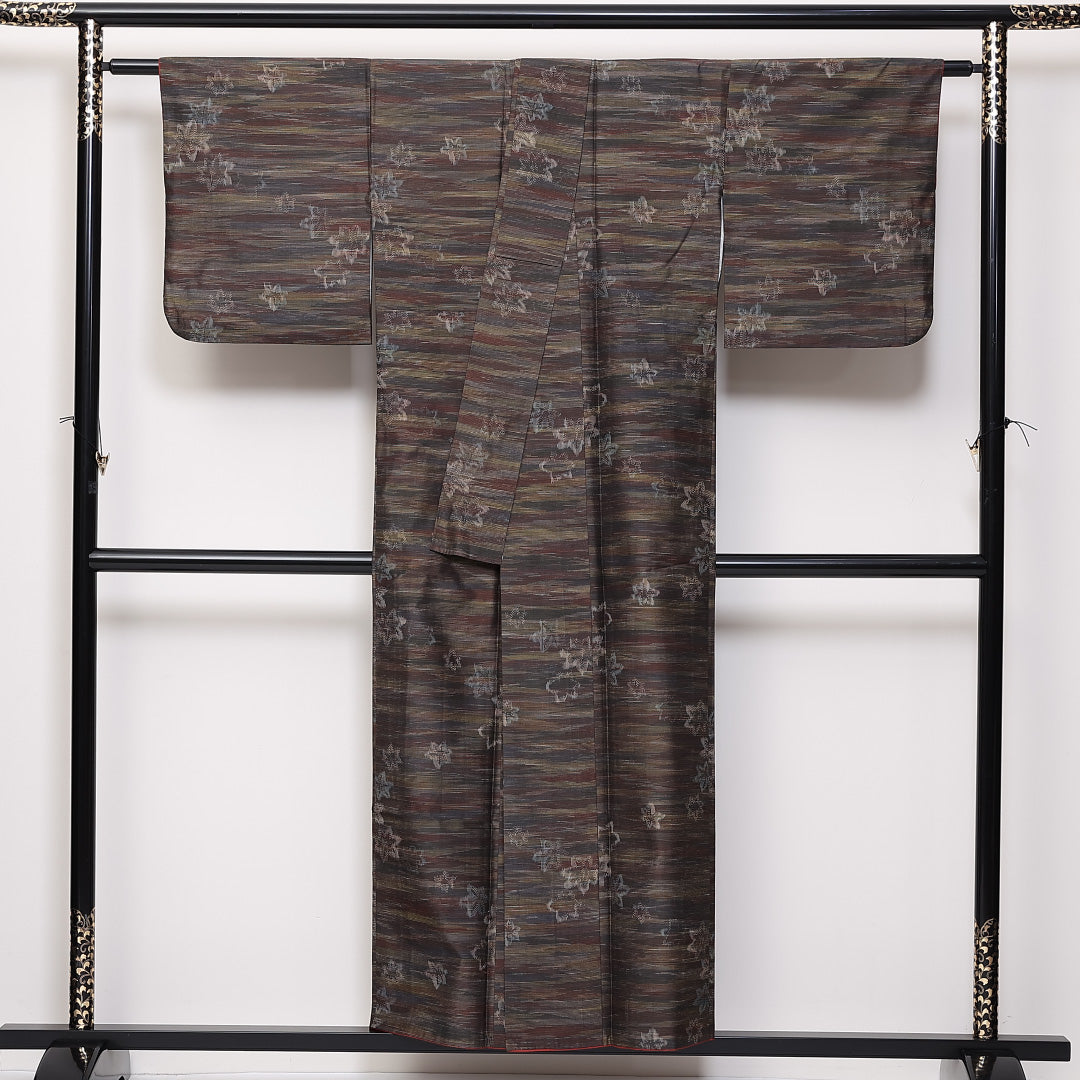 洗える着物 紬 袷 身丈152cm 裄丈62cm ポリエステル Sランク カジュアル 広衿 Sサイズ 紅葉 茶系 RP 1223-03852