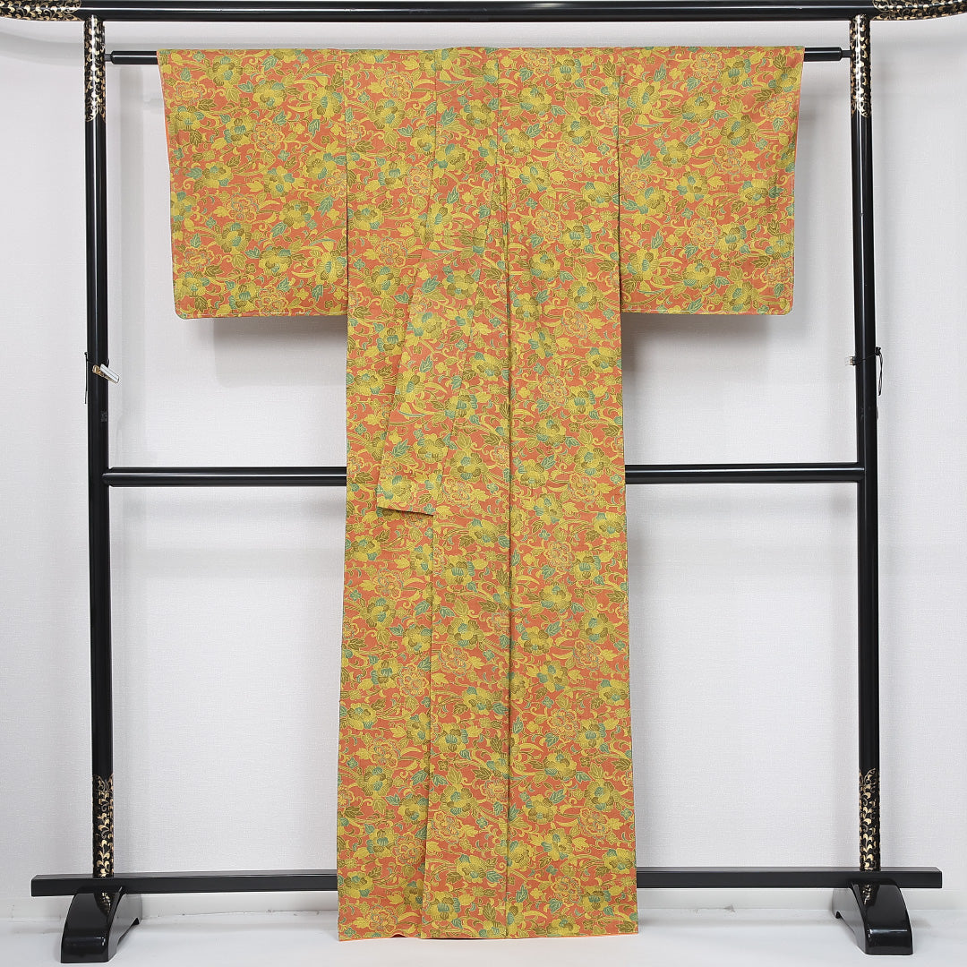 小紋 袷 身丈162cm 裄丈64cm 正絹 Sランク インフォーマル 広衿 Lサイズ 染め紬 唐華 多色系 RP 1221-11983