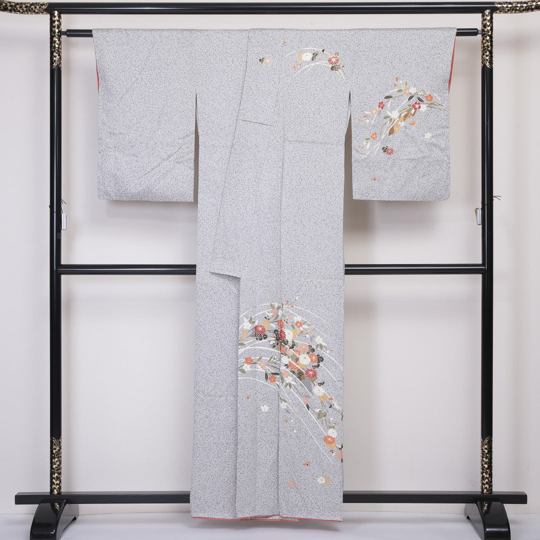 訪問着 袷 身丈159cm 裄丈64cm 正絹 Sランク セミフォーマル 広衿 Mサイズ たたき染め 金彩 桜 グレー系 RP 1217-04523