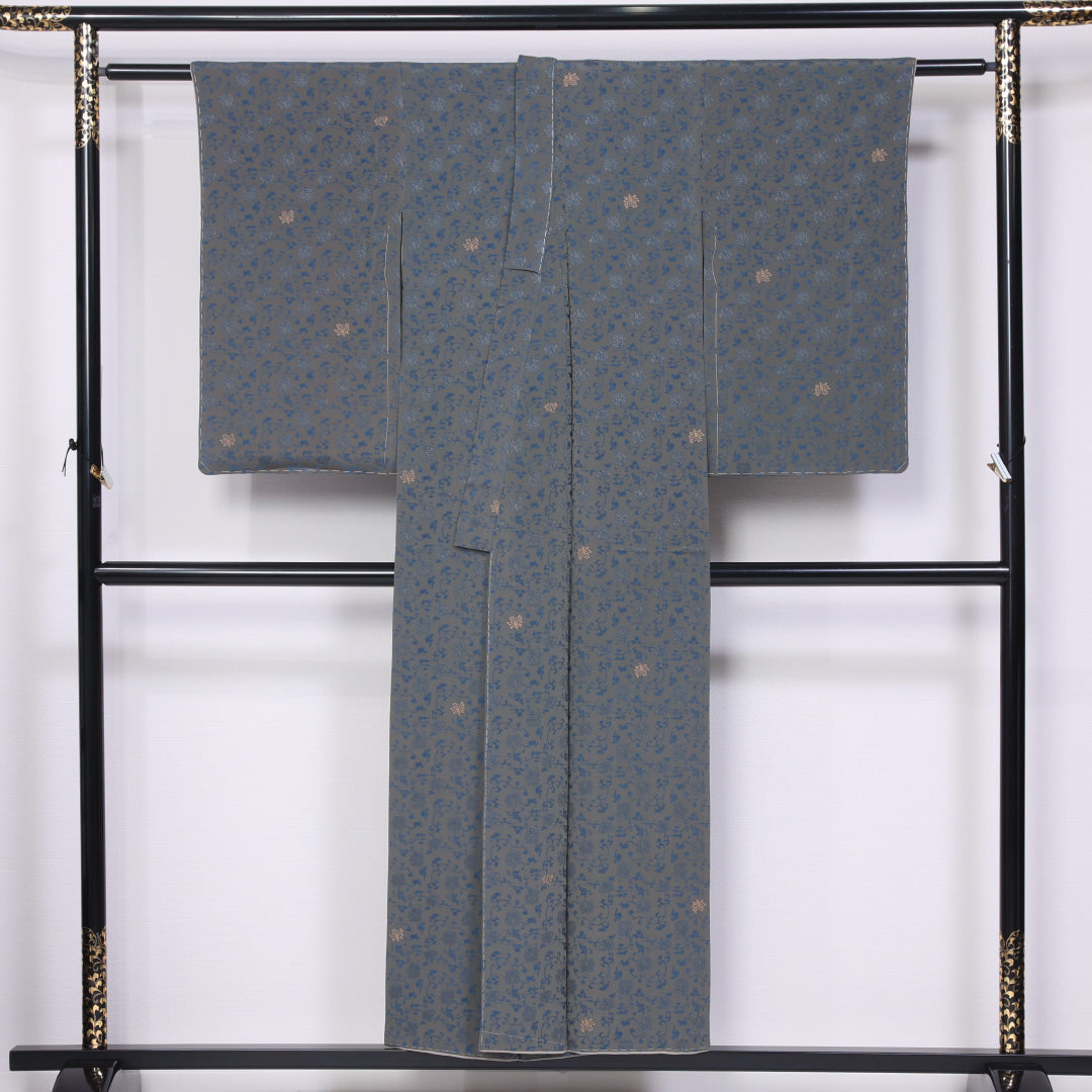 小紋 袷 身丈150cm 裄丈62cm 正絹 Sランク インフォーマル 広衿 Sサイズ 唐華 緑系 RP 1221-11485