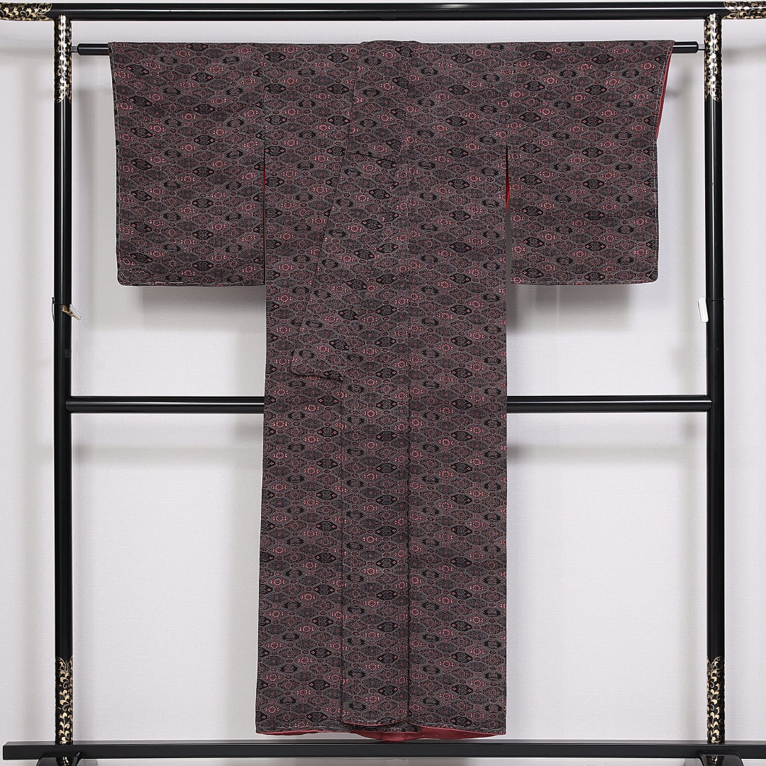 アンティーク 小紋 袷 身丈148cm 裄丈62cm 正絹 Cランク 広衿 XSサイズ 蜀江 ピンク系 M4 1221-10016