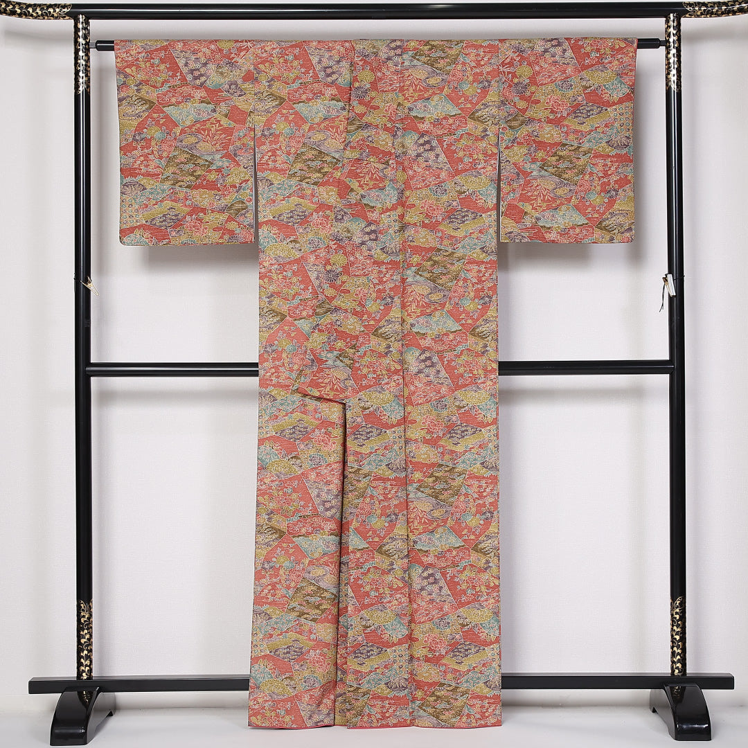 小紋 袷 身丈160cm 裄64cm 正絹 花柄 牡丹 松竹梅 赤系 Sランク 1215-02452
