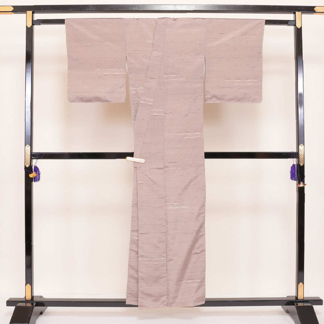 紬 袷 身丈153cm 裄丈62cm 正絹 Sランク Sサイズ バチ衿 カジュアル すくい織 ピンク系 茶系 1216-02499