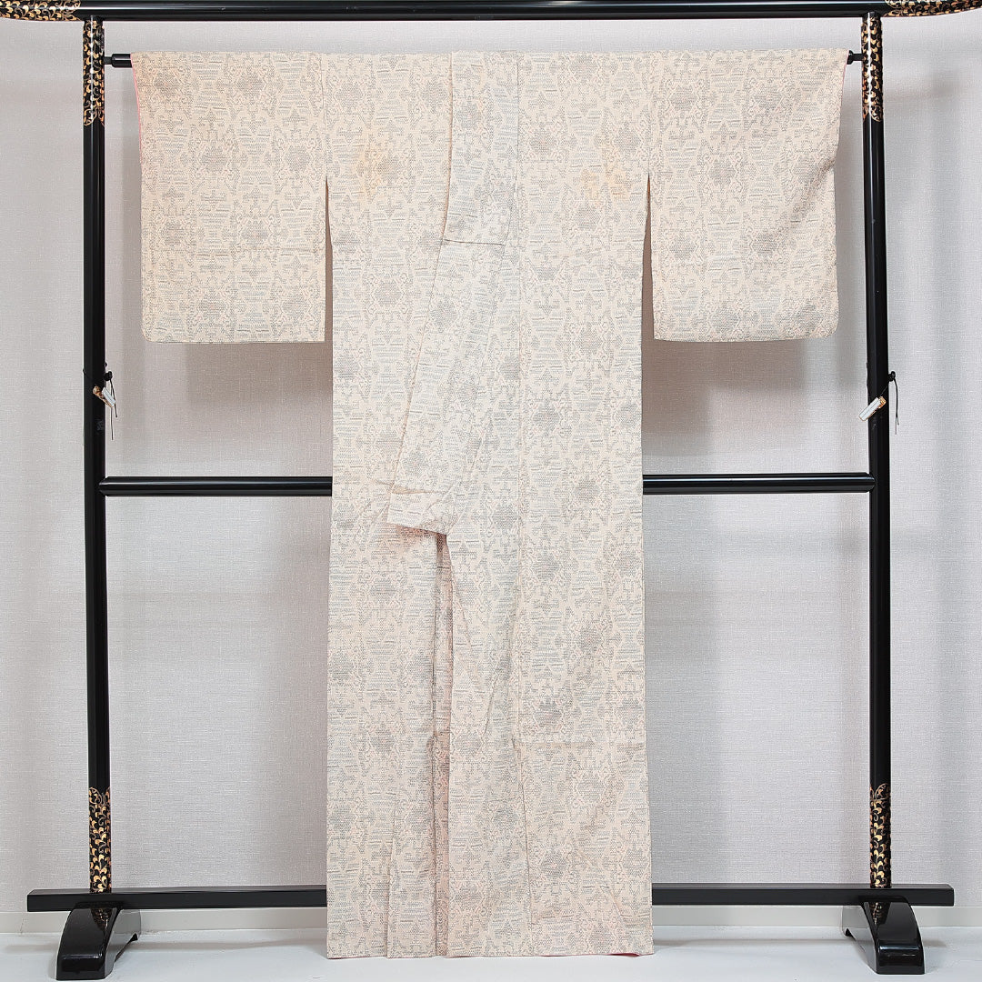 紬 袷 身丈156cm 裄丈66cm 正絹 Bランク カジュアル 広衿 Mサイズ アラベスク文様 クリーム系 HP 1223-14793