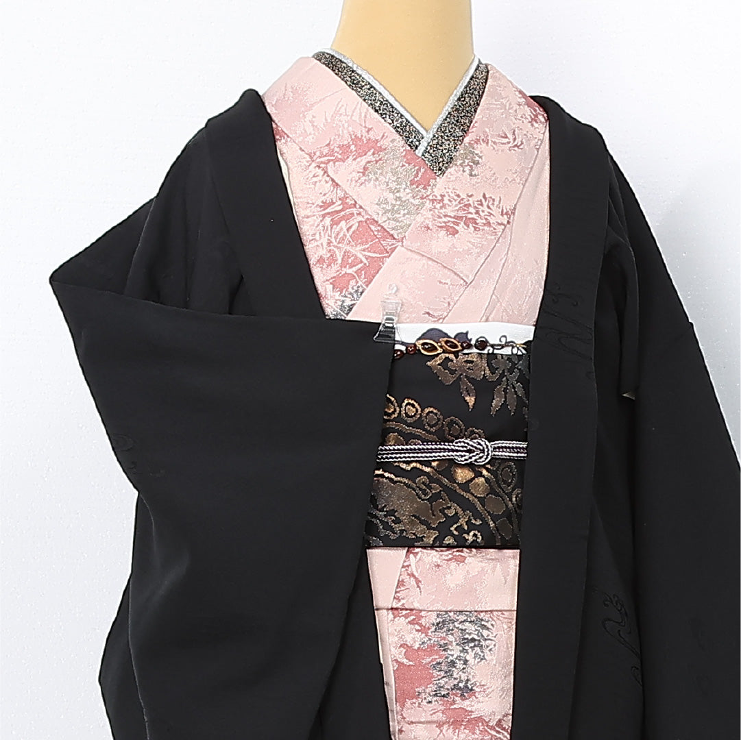 黒羽織 袷 身丈82cm 裄丈63cm 正絹 Sランク 一つ紋 (沢瀉) セミフォーマル Sサイズ 紐あり 流水 無地 黒系 RP 1233-12575