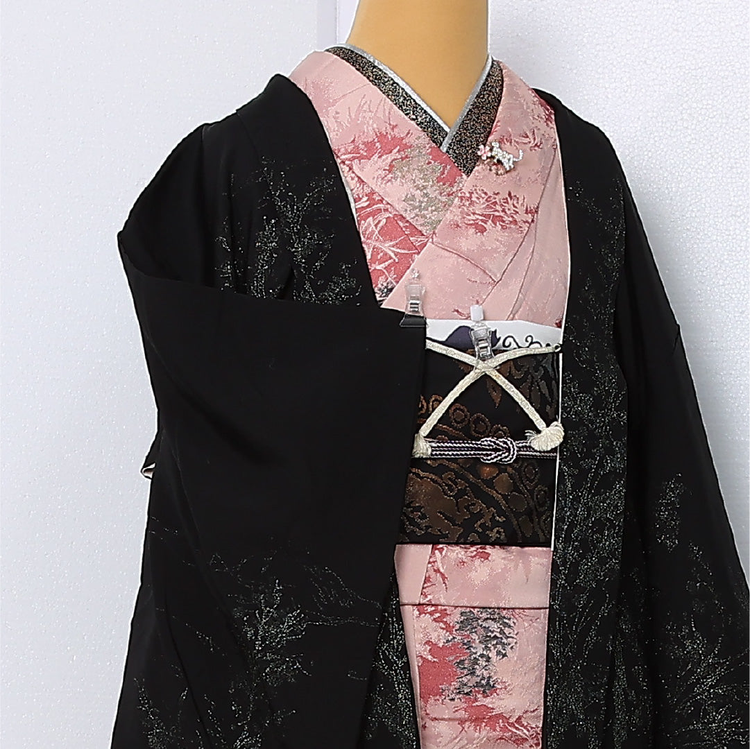 黒羽織 袷 身丈80cm 裄丈63cm 正絹 Cランク 一つ紋 (扇) セミフォーマル Sサイズ 漆糸 紐あり 植物柄 黒系 HP 1233-12936