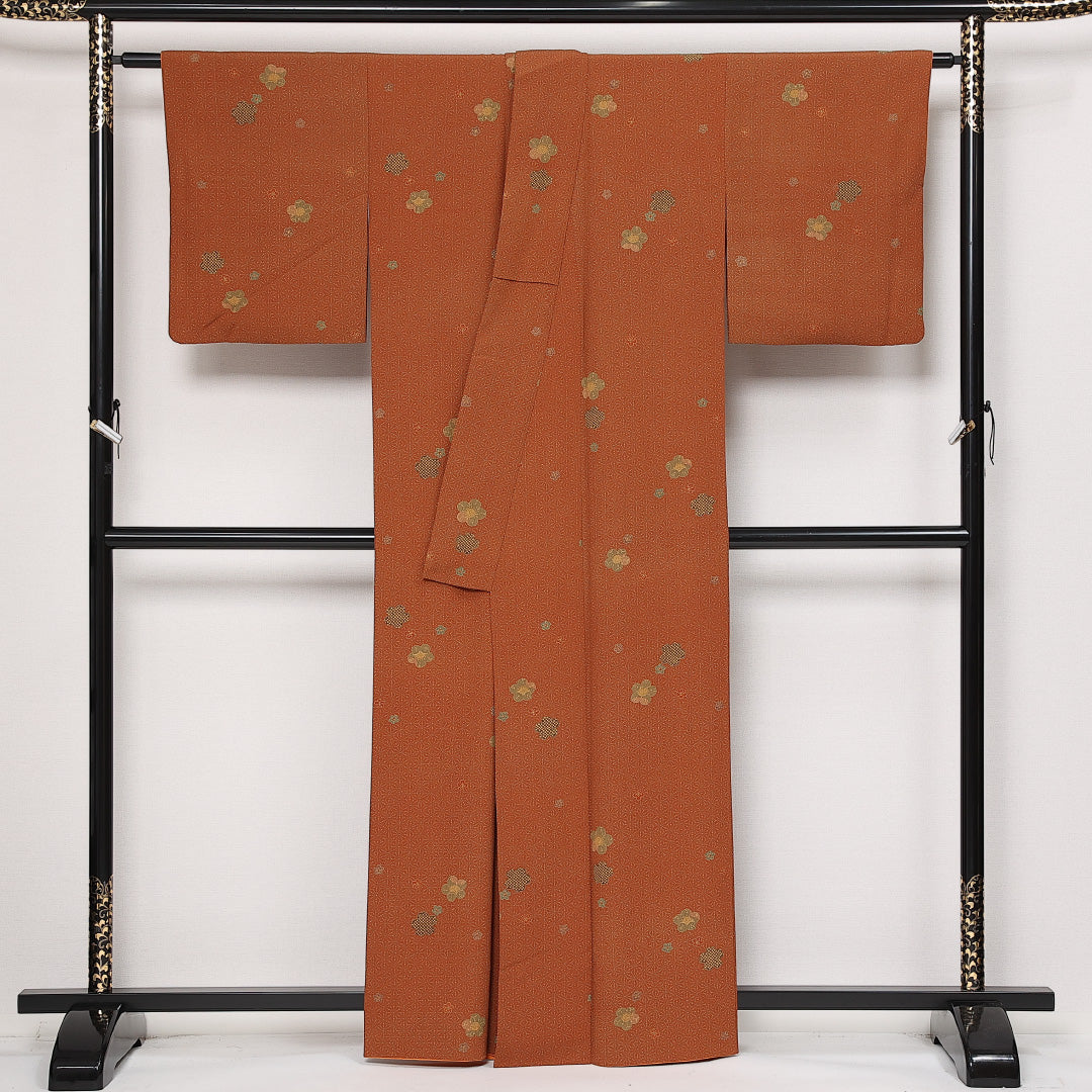 小紋 袷 身丈154cm 裄丈64cm 正絹 Sランク インフォーマル 広衿 Sサイズ 梅 茶系 RP 1221-13671