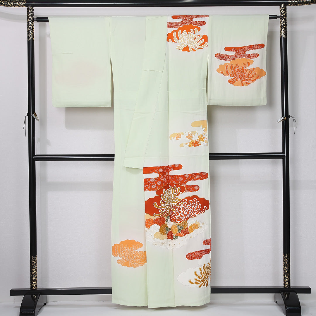 アンティーク 訪問着 身丈156cm 裄丈65cm Bランク M 正絹 単衣 広衿 金駒刺繍 エ霞 菊 緑系 1212-12323