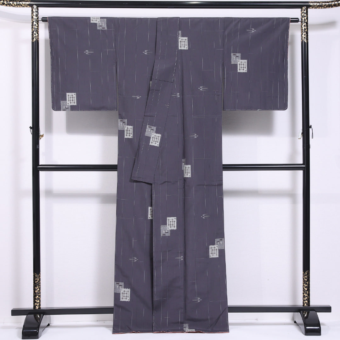 紬 袷 身丈166cm 裄丈66cm 正絹 Sランク カジュアル 広衿 XLサイズ ガード加工 創作柄 グレー系 RP 1223-11640