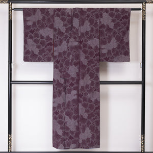 アンティーク 紬 袷 身丈145cm 裄62cm 正絹 ボタニカル お召 紫系 Bランク 1216-00899