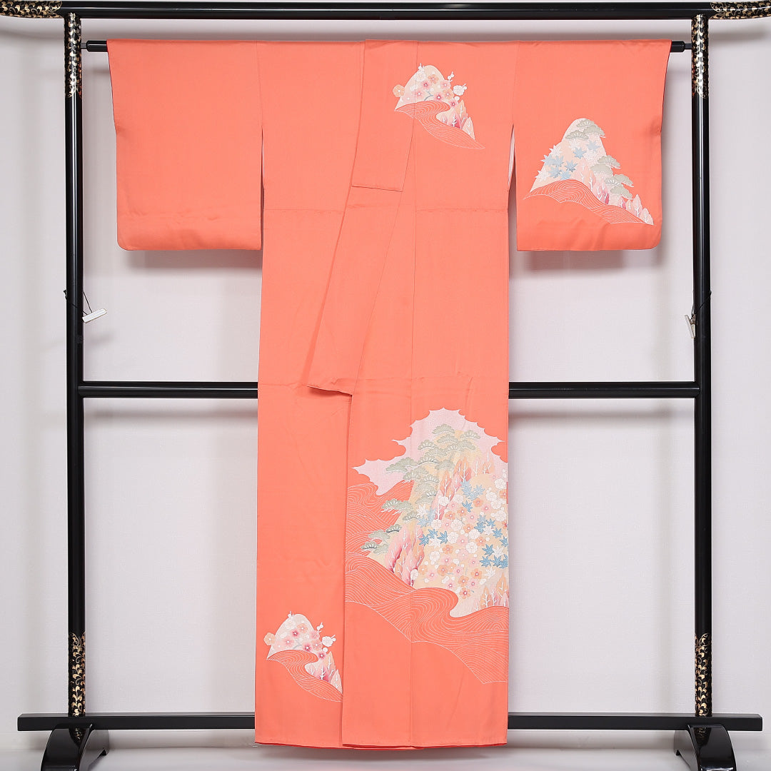 訪問着 袷 身丈157cm 裄丈65cm 正絹 Aランク セミフォーマル 広衿 Mサイズ 加賀友禅 落款 流水 笠松 朱系 HP 1217-04735