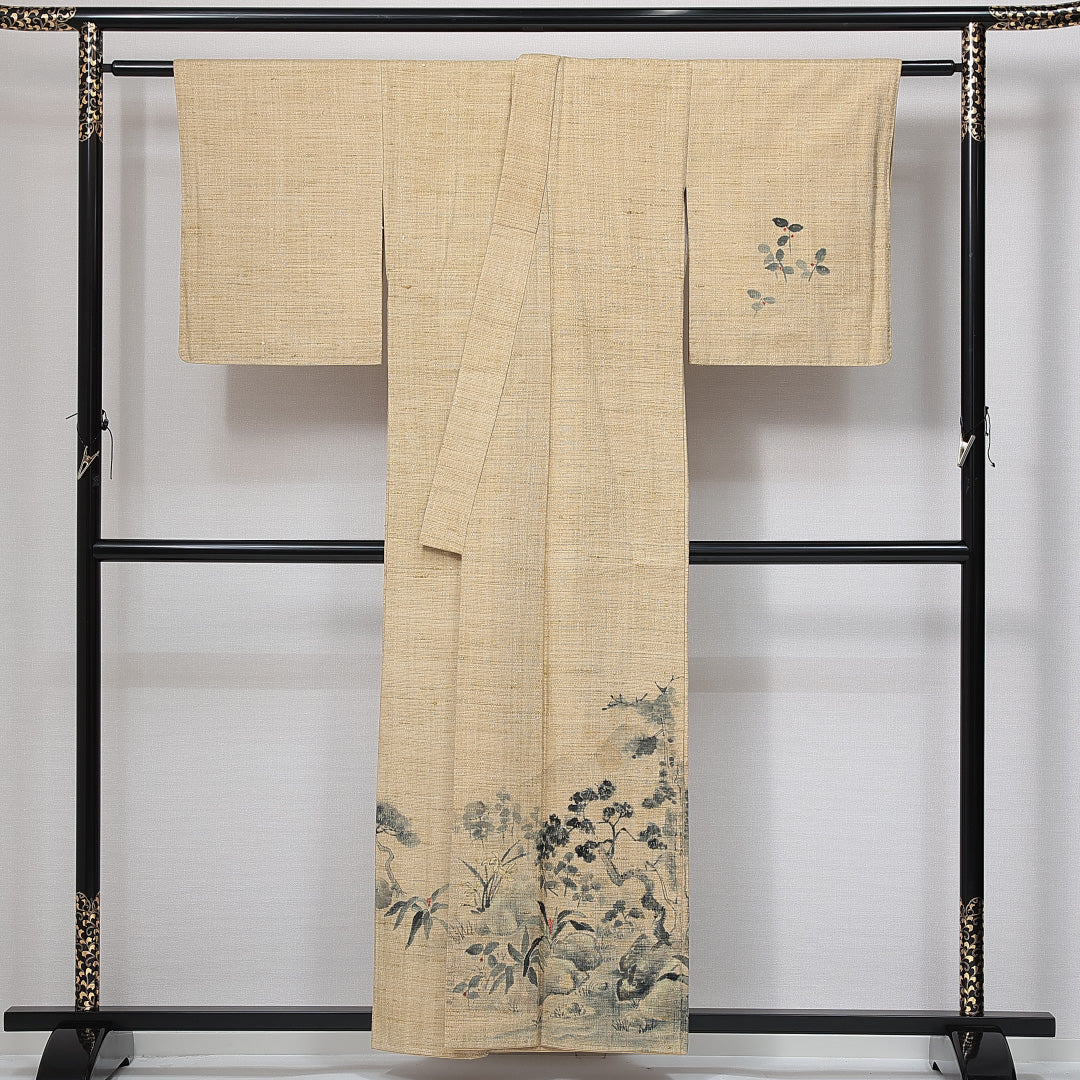 紬 袷 身丈156cm 裄丈61cm 正絹 Cランク Mサイズ 広衿 カジュアル 染紬 山 松 作家物 落款 黄系 1216-14960
