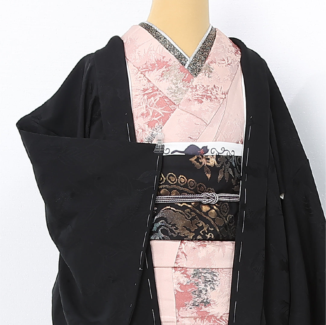 黒羽織 袷 身丈82cm 裄丈66cm 正絹 Sランク 一つ紋 (桔梗) セミフォーマル Mサイズ 植物柄 黒系 RP 1233-12565