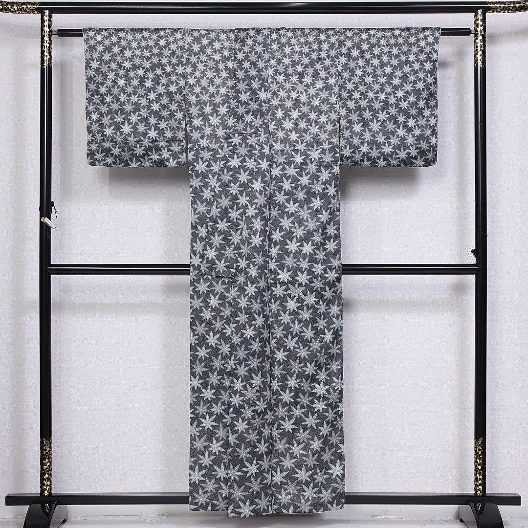 小紋 身丈154cm 裄丈63cm S 正絹 Bランク 袷 広衿 紅葉 刺繍 銀糸 1215-10528