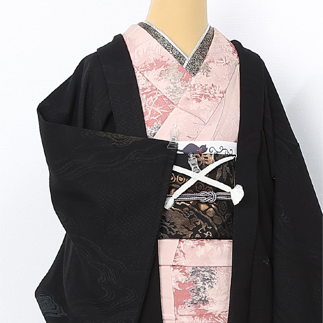 黒羽織 袷 身丈81cm 裄丈64cm 正絹 Sランク 一つ紋 (桔梗) セミフォーマル Mサイズ 漆糸 紐あり 流水 黒系 RP 1233-12559