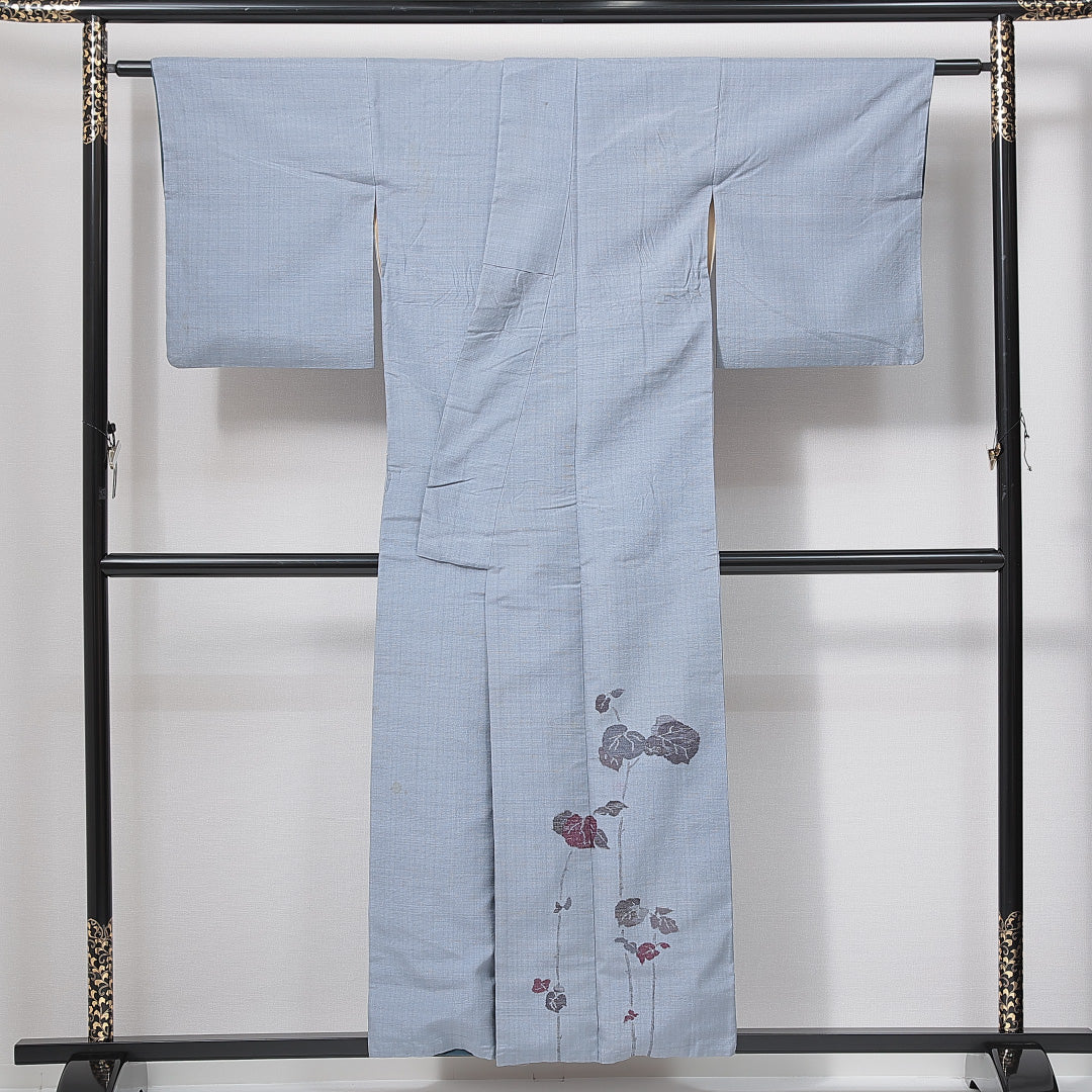付下げ（紬） 袷 身丈154cm 裄丈61cm 正絹 Cランク Sサイズ 広衿 インフォーマル 植物柄 落款 水色系 1261-14970