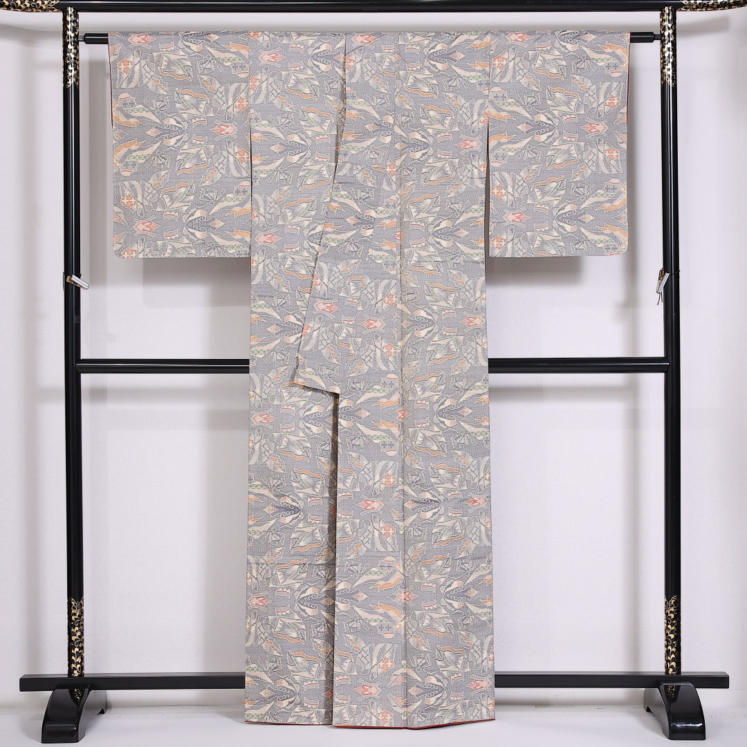 大島紬 袷 身丈162cm 裄64.5cm 正絹 創作 グレー系 Aランク 1216-01474