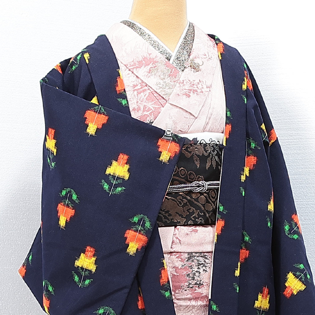アンティーク 羽織（銘仙） 袷 身丈80cm 裄丈65cm 正絹 Aランク Mサイズ チューリップ 紺系 1217-14749