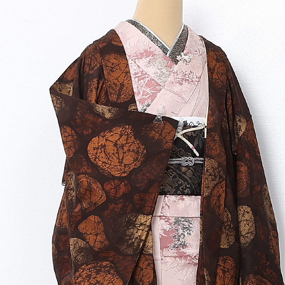 羽織 袷 身丈77cm 裄丈64cm 正絹 Sランク カジュアル Mサイズ 紐あり 創作柄 茶系 RP 1232-12803