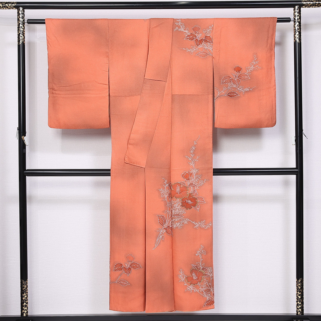 訪問着 袷 身丈148cm 裄丈60cm 正絹 Aランク セミフォーマル 広衿 XSサイズ ぼかし染 金駒刺繍 牡丹 朱系 RP 1217-11218