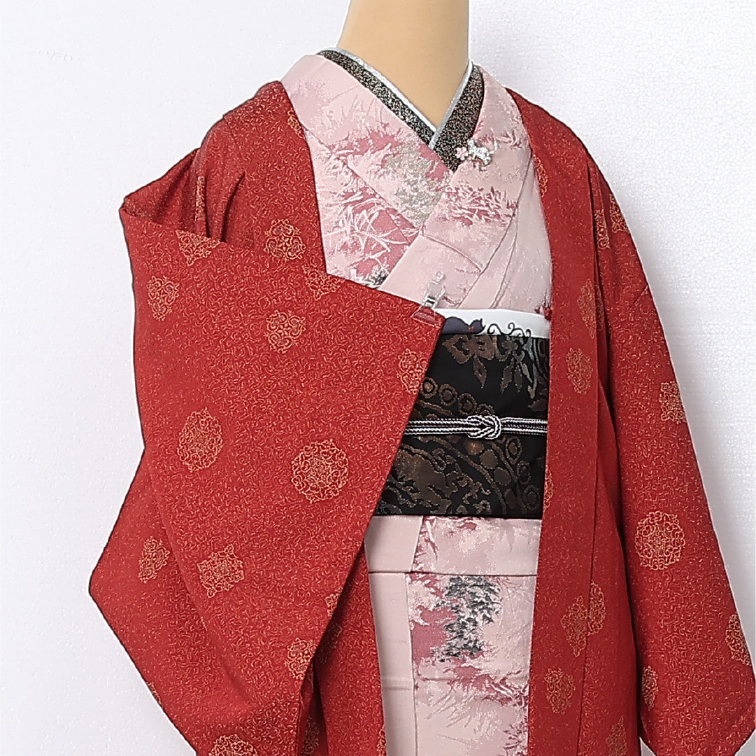 羽織 袷 身丈76cm 裄丈62cm 正絹 Sランク カジュアル Sサイズ 華文 赤系 RP 1232-12845