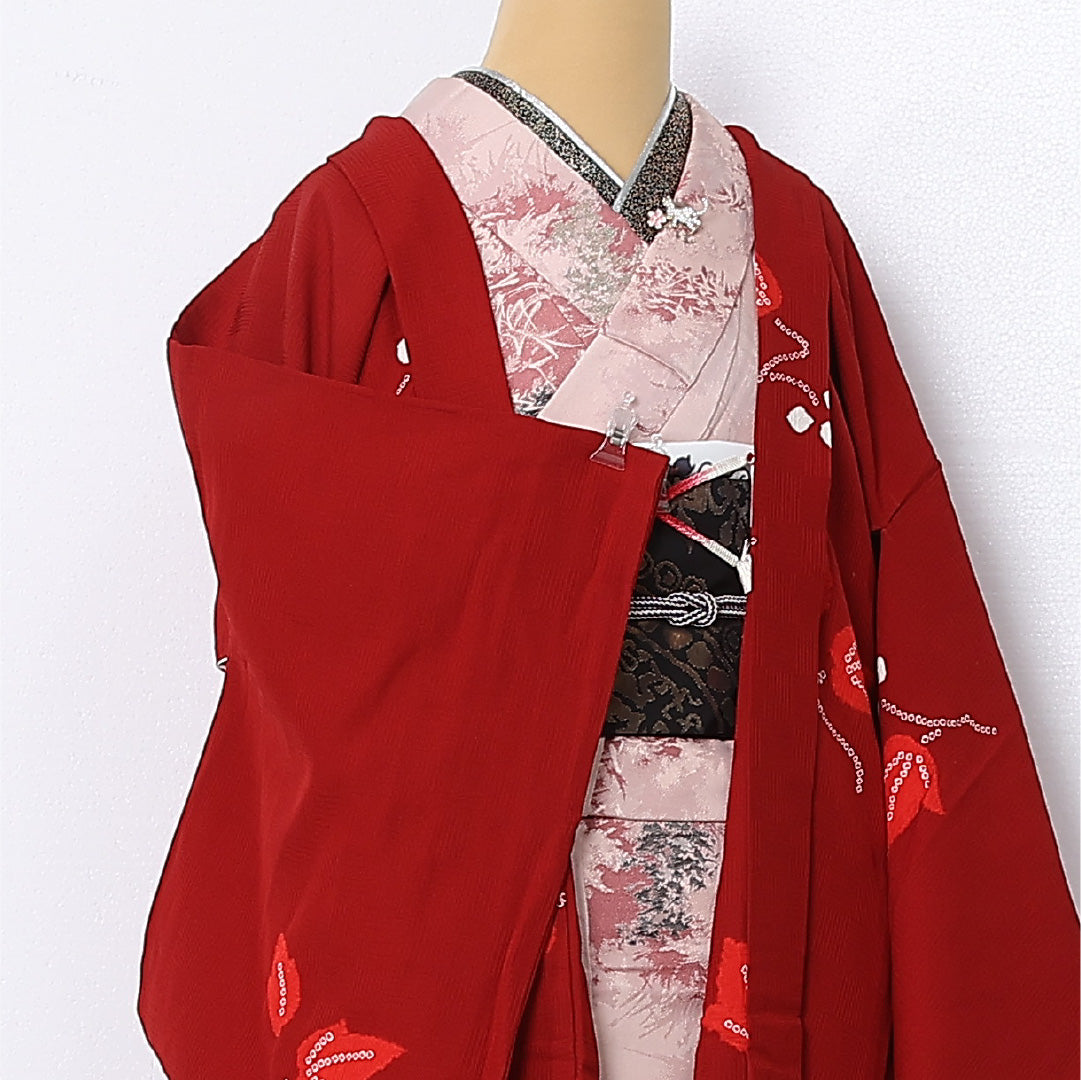 羽織 袷 身丈79cm 裄丈64cm 正絹 Aランク カジュアル Mサイズ 紐あり 植物柄 赤系 RP 1232-12824