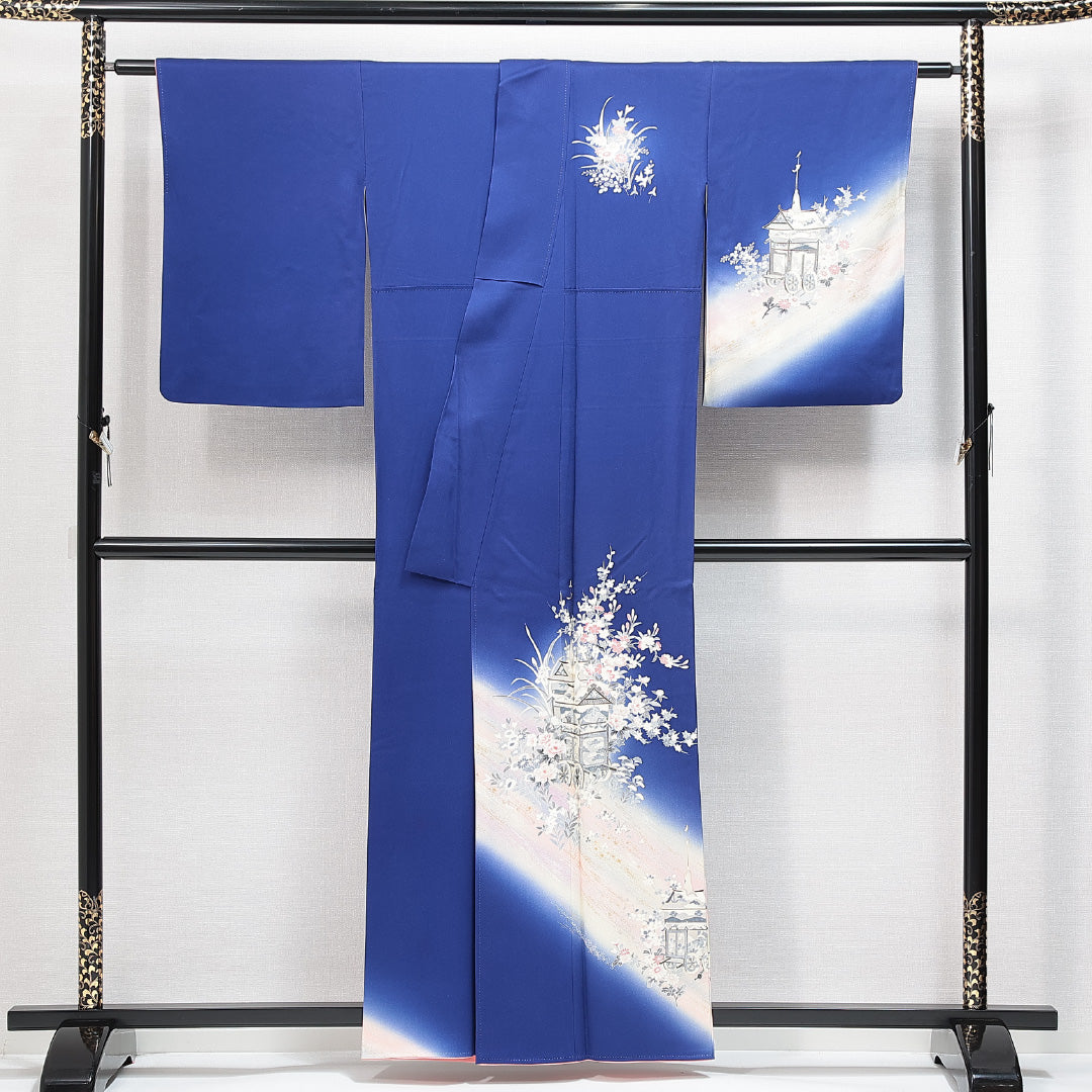 訪問着 袷 身丈158cm 裄丈63cm 正絹 Aランク セミフォーマル 広衿 Mサイズ ぼかし 花車 古典的 華やか 青系 RP 1217-14868