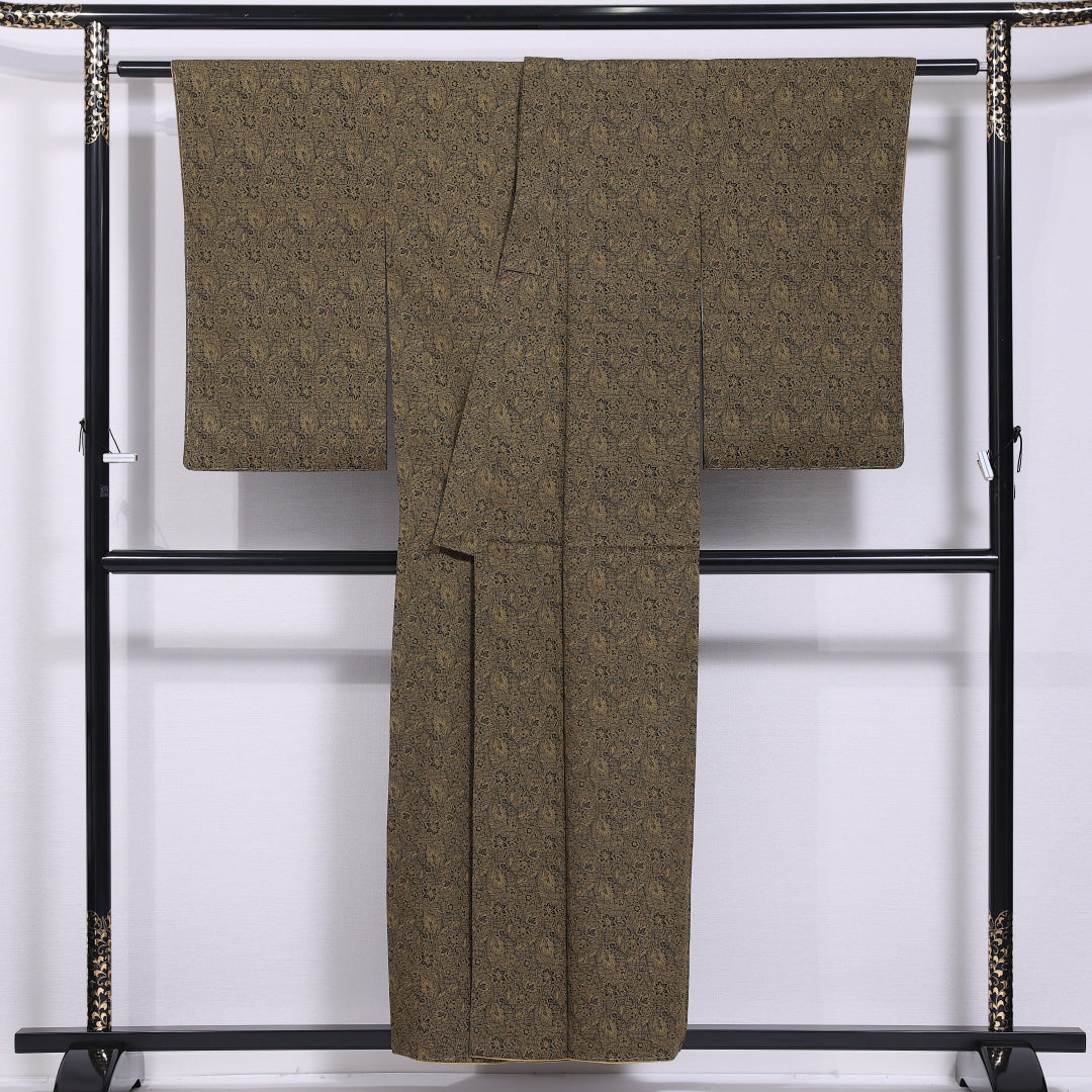 小紋 袷 身丈155cm 裄丈62cm 正絹 Sランク インフォーマル バチ衿 Mサイズ 花柄 黒系 RP 1221-11607