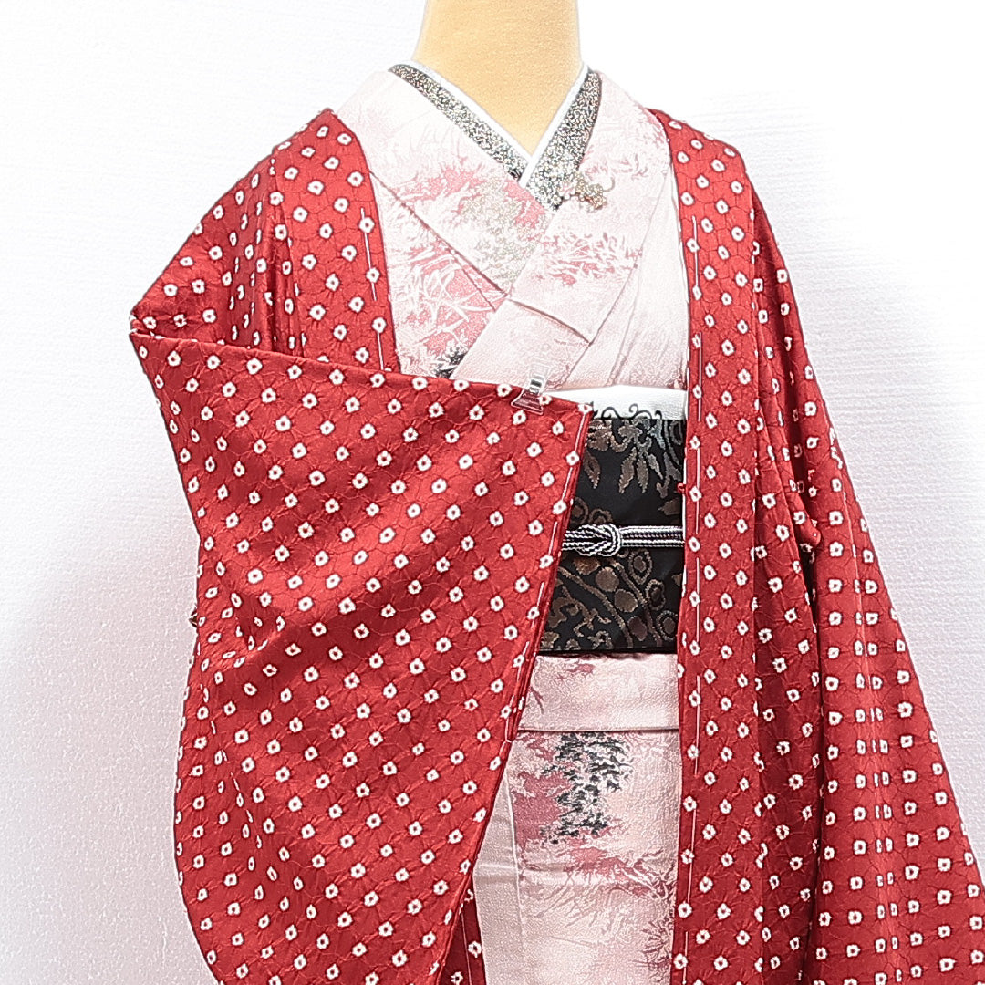 新古品 羽織（総絞り） 袷 身丈79cm 裄丈68cm 正絹 Nランク Lサイズ カジュアル 鹿の子柄 しつけ糸 赤系 1217-14754