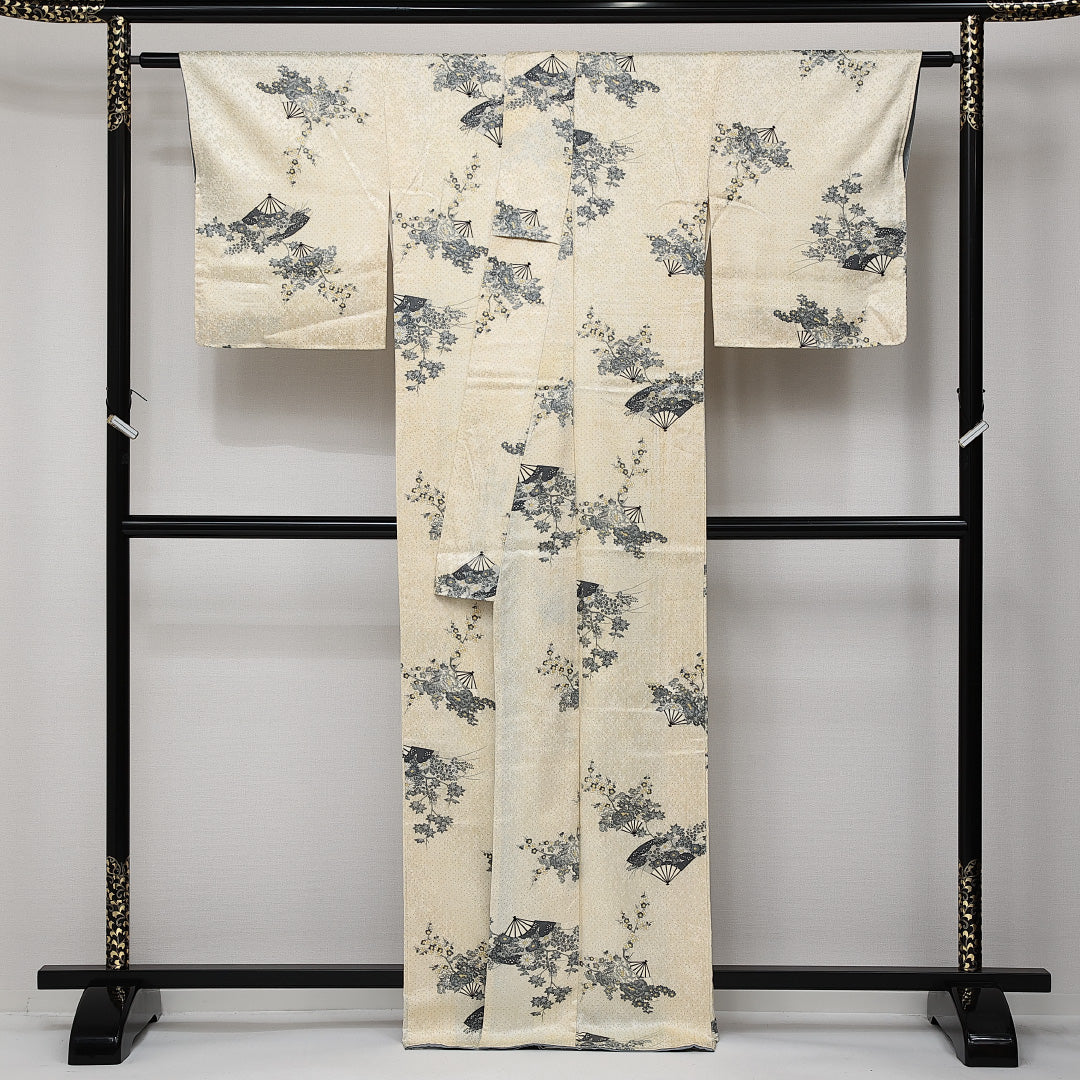 小紋 袷 身丈166cm 裄丈64cm 正絹 Sランク インフォーマル 広衿 XLサイズ 花扇 クリーム系 RP 1221-14175