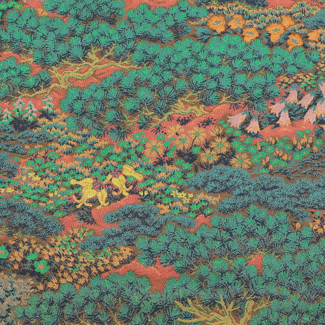 袋帯 帯丈432cm 全通 紹巴織 萬葉織苑 山喜織物 風景 カジュアル 緑系 正絹 Sランク 1223-00890
