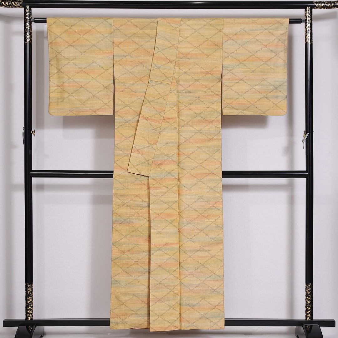 紬 袷 身丈154.5cm 裄62.5cm 正絹 真綿紬 格子 黄系 Aランク 1216-01439