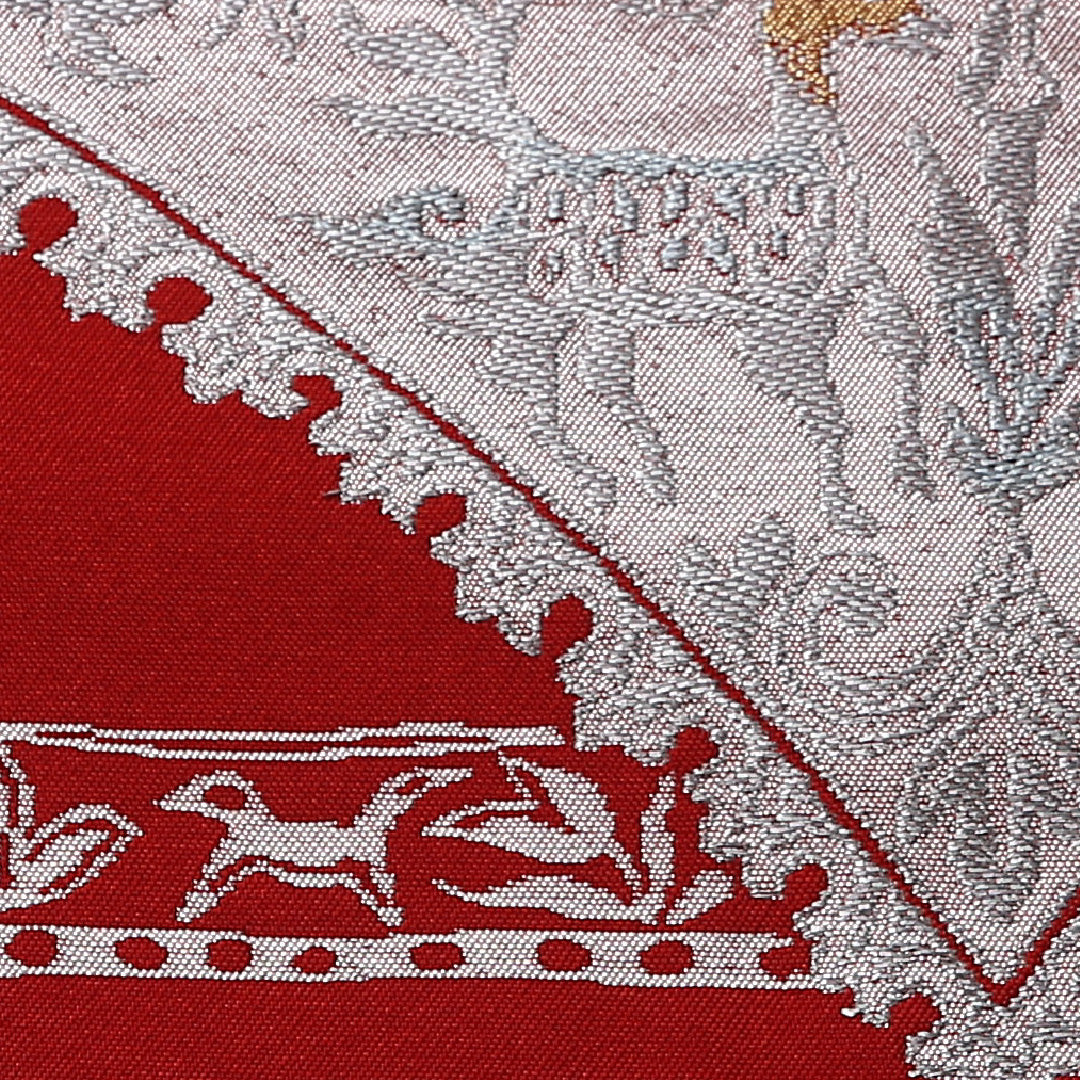 九寸名古屋帯 Sランク 帯丈351cm 正絹 ポイント柄 名古屋仕立て 織り セミフォーマル 樹下双獣文 赤系 LP 1245-02618