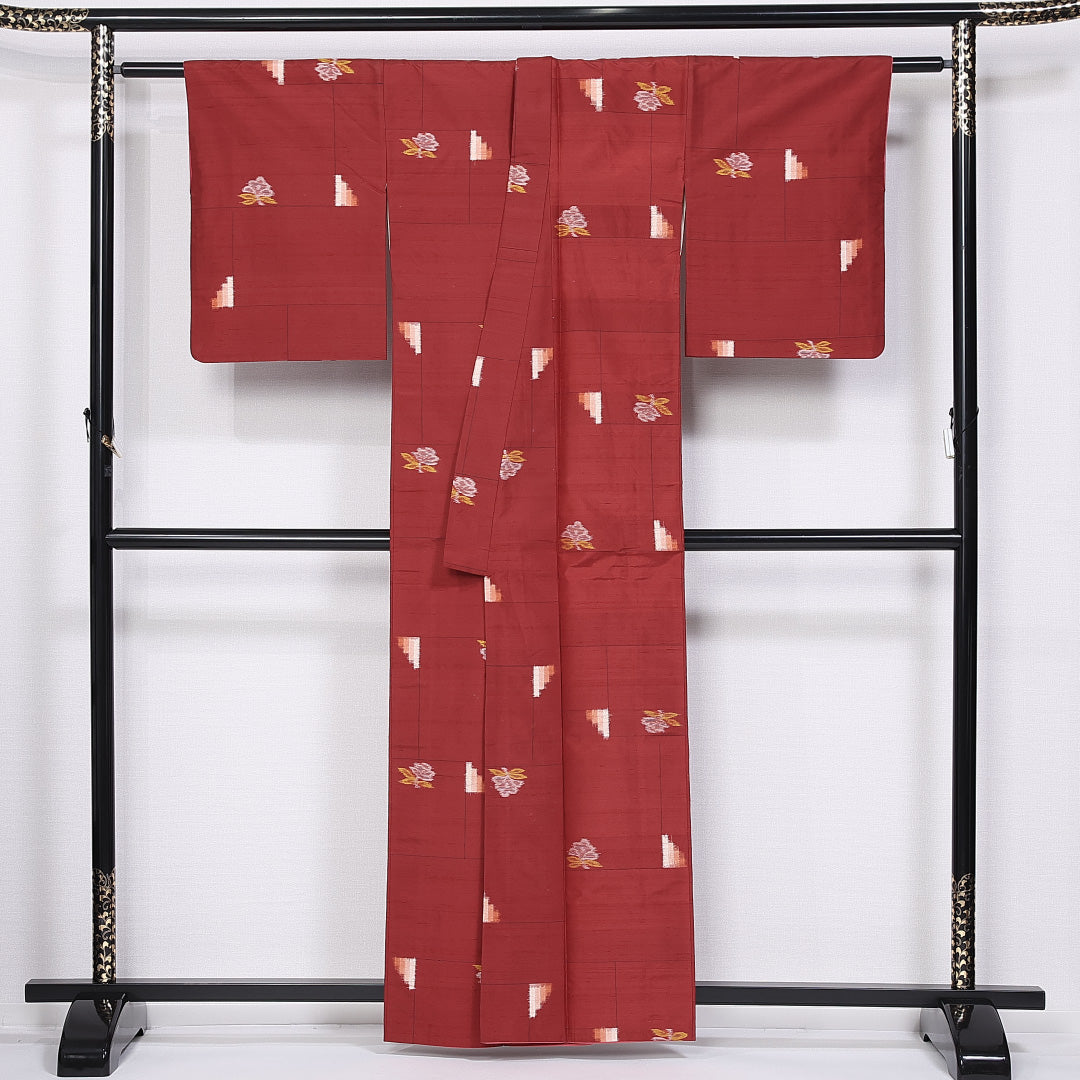 アンティーク 銘仙の着物 袷 身丈160cm 裄丈62cm 正絹 Cランク バチ衿 Lサイズ 花柄 朱系 RP 1223-11318